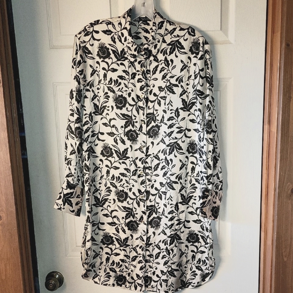 Zara Oversized Black Cream Satin Long Sleeve Tunic Size Small